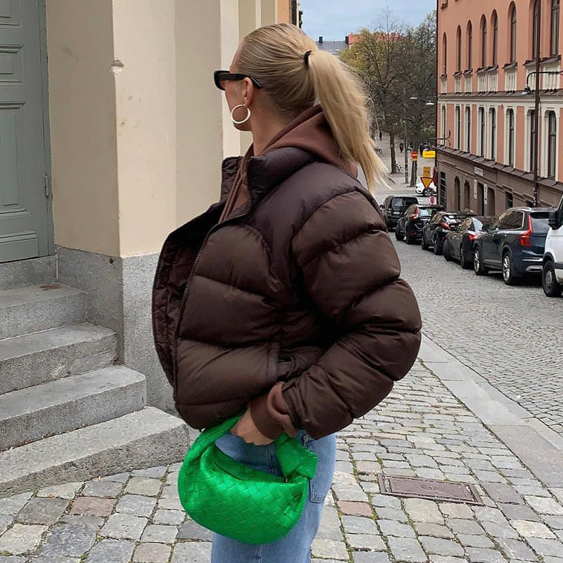 Bruine Korte Puffer Jas Dames met Kraag