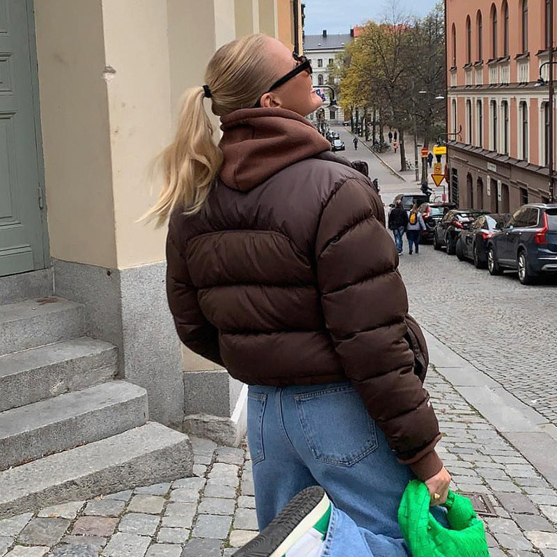 Bruine Korte Puffer Jas Dames met Kraag