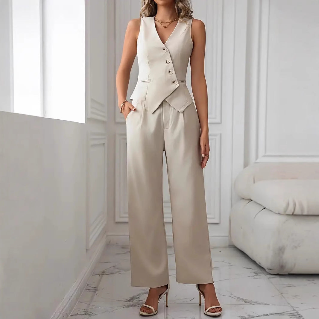 Casual Tweedelige Pak Set Dames | Co-ord Asymmetrische Gilet en Pantalon | Gebroken Wit XL