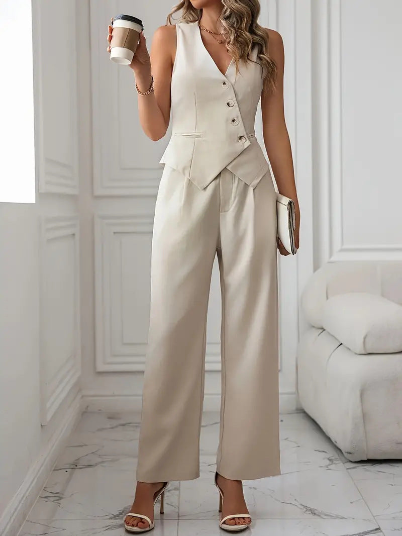 Casual Tweedelige Pak Set Dames | Co-ord Asymmetrische Gilet en Pantalon | Gebroken Wit
