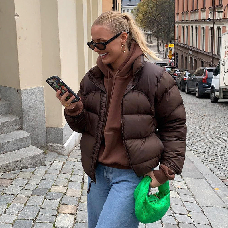 Bruine Korte Puffer Jas Dames met Kraag L