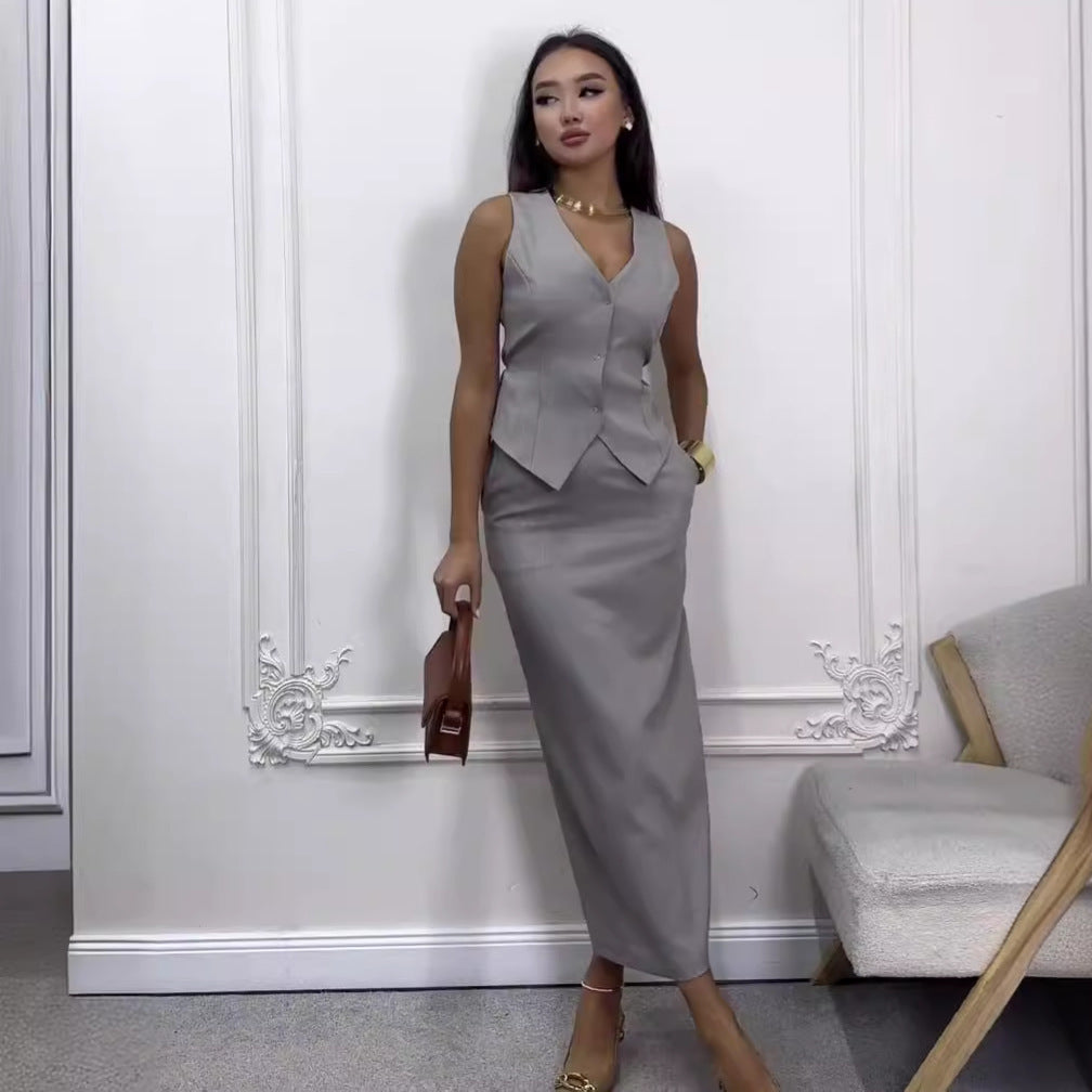 Elegante Dames Broekpak met Gilet en Lange Rok | Tweedelig Grijs