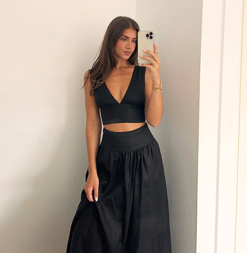 Elegante Co-ord Set met Lange Rok en V-hals Hemd