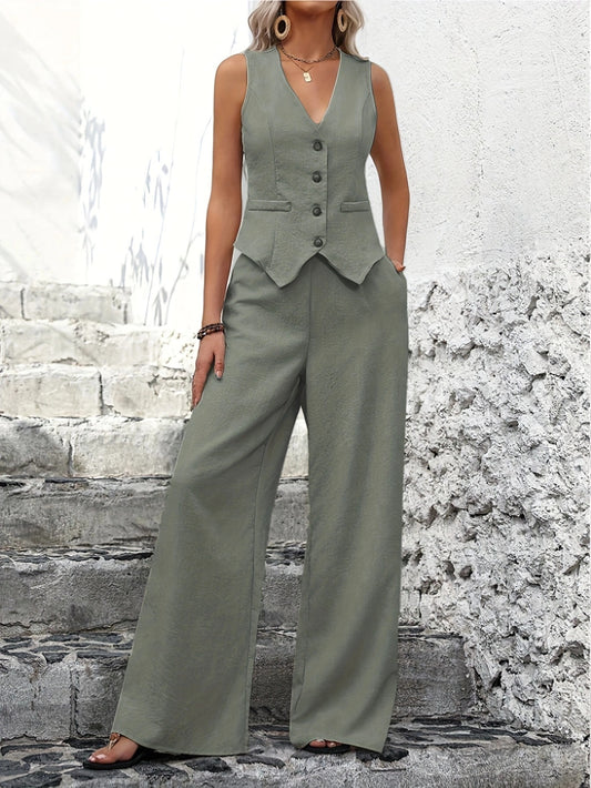 Casual Tweedelige Pak Set Dames | Co-ord Gilet en Pantalon Groen