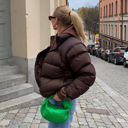 Bruine Korte Puffer Jas Dames met Kraag