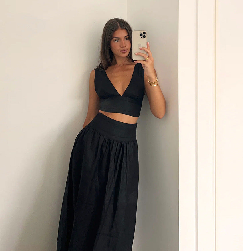 Elegante Co-ord Set met Lange Rok en V-hals Hemd