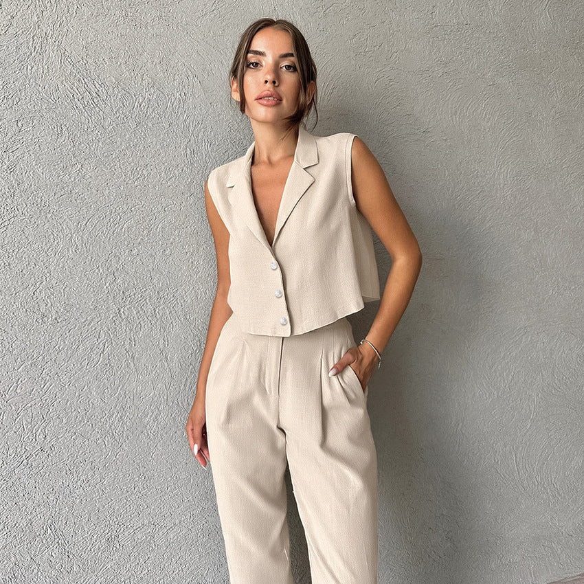 Beige Tweedelige Pak Set Dames | Co-ord Gilet en Rechte Pantalon