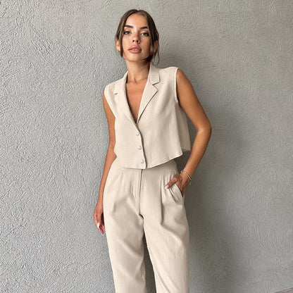 Beige Tweedelige Pak Set Dames | Co-ord Gilet en Rechte Pantalon