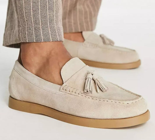 Heren Loafers met Dikke Zool en Kwastje | Beige Bootschoenen van Suède 48