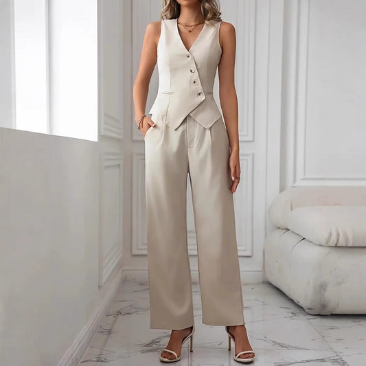 Casual Tweedelige Pak Set Dames | Co-ord Asymmetrische Gilet en Pantalon | Gebroken Wit XL