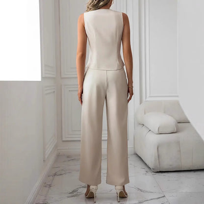 Casual Tweedelige Pak Set Dames | Co-ord Asymmetrische Gilet en Pantalon | Gebroken Wit