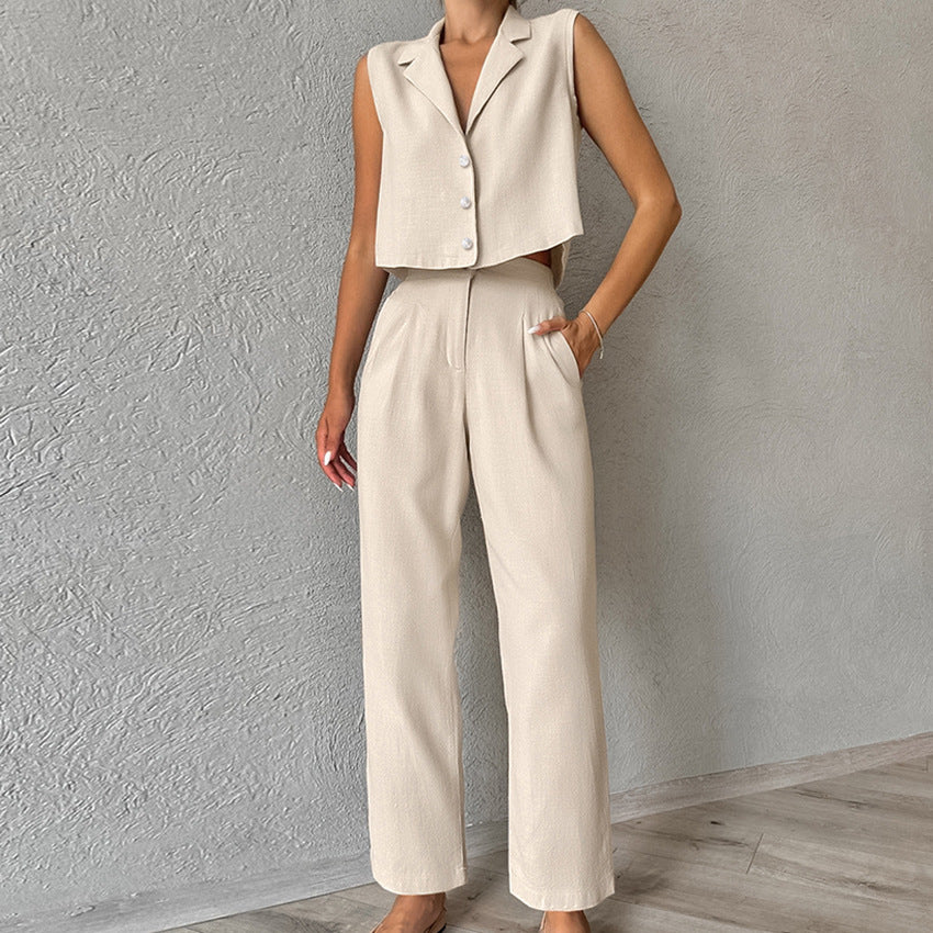 Beige Tweedelige Pak Set Dames | Co-ord Gilet en Rechte Pantalon L