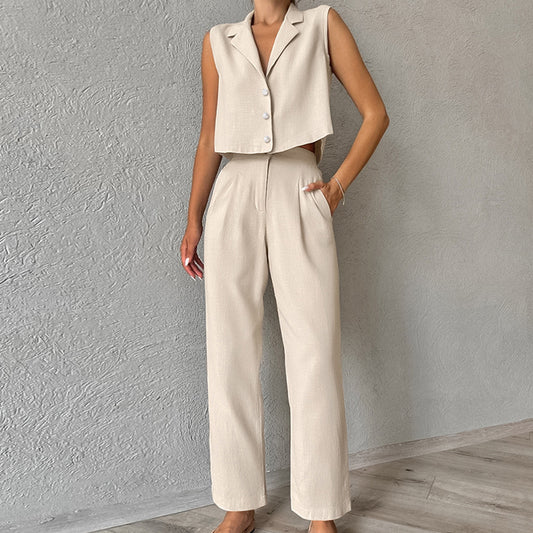 Beige Tweedelige Pak Set Dames | Co-ord Gilet en Rechte Pantalon L