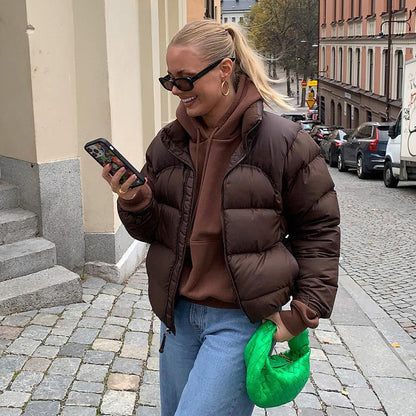 Bruine Korte Puffer Jas Dames met Kraag L