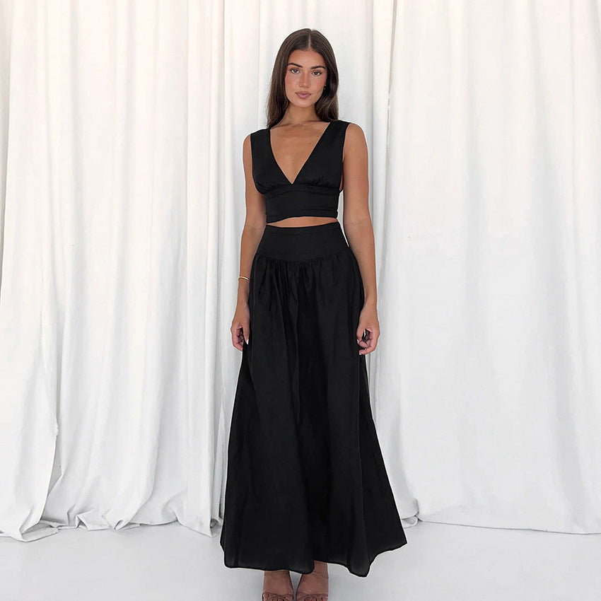 Elegante Co-ord Set met Lange Rok en V-hals Hemd