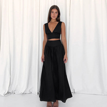 Elegante Co-ord Set met Lange Rok en V-hals Hemd