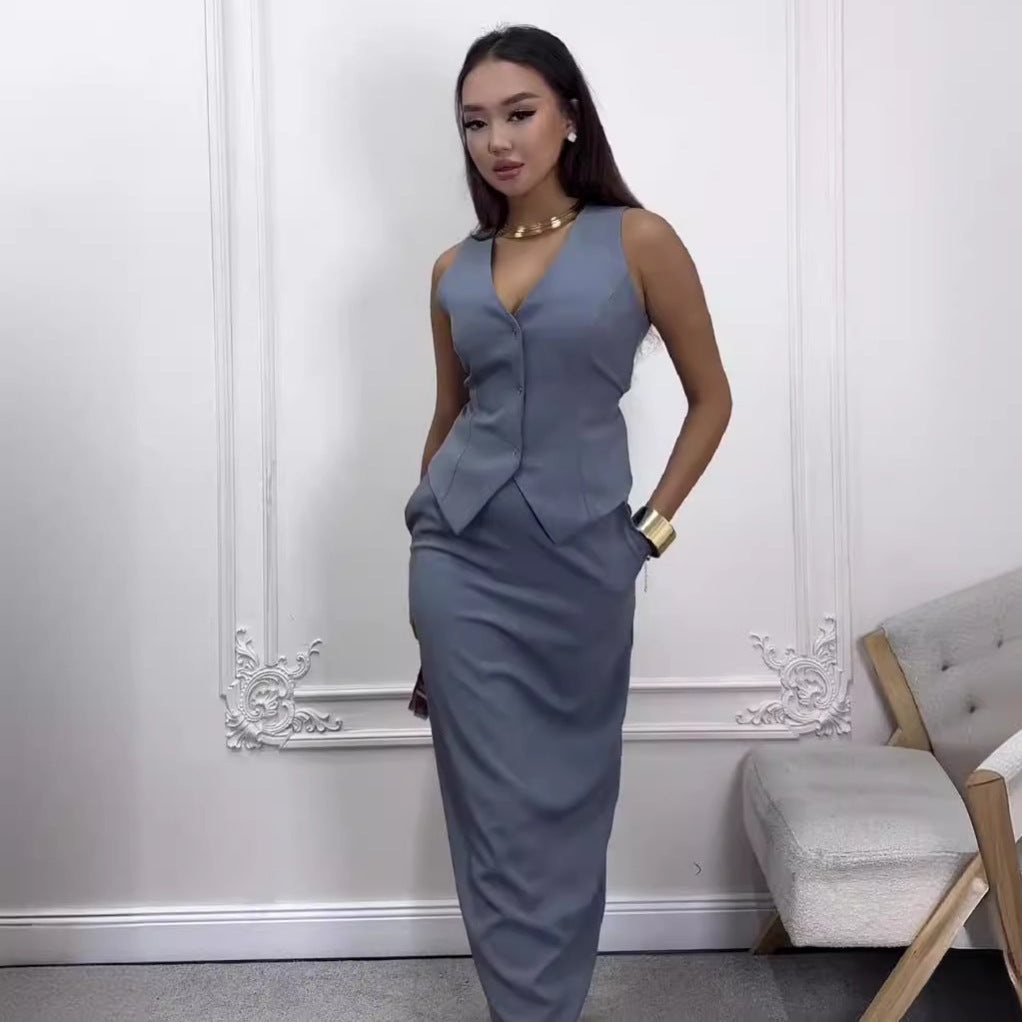 Elegante Dames Broekpak met Gilet en Lange Rok | Tweedelig
